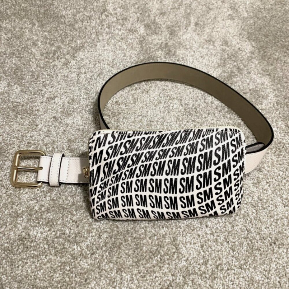 Steve Madden Women's Warped Logo-Print Faux Leather Belt Bag Pink/Beige M/L